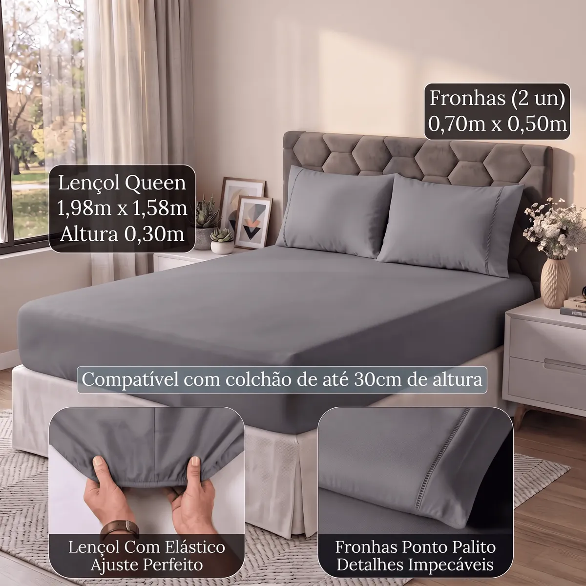 Jogo De Lençol 400 Fios Ponto Palito Cama Queen 3 Pçs Saldão