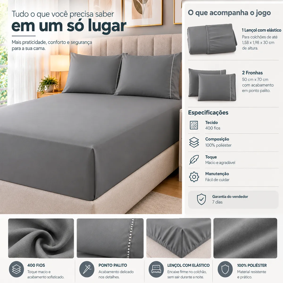 Jogo De Lençol 400 Fios Ponto Palito Cama Queen 3 Pçs Saldão - imagem 2